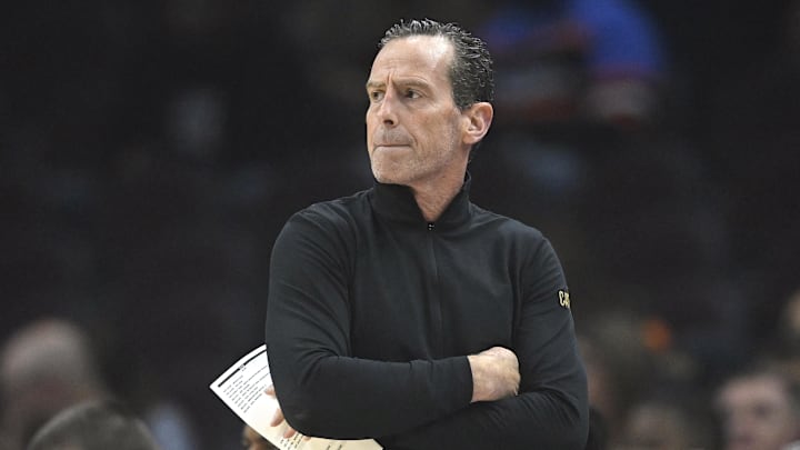 Oct 10, 2024; Cleveland, Ohio, USA; Cleveland Cavaliers head coach Kenny Atkinson reacts in the first quarter against the Indiana Pacers at Rocket Mortgage FieldHouse. Mandatory Credit: David Richard-Imagn Images