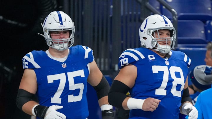 Indianapolis Colts guard Will Fries (75) and center Ryan Kelly (78) enter the field before the game against New Orleans, Sunday., Oct 29, 2023, at Lucas Oil Stadium in Indianapolis. Indianapolis Colts guard Will Fries (75) and center Ryan Kelly (78) enter the field before the game against New Orleans, Sunday., Oct 29, 2023, at Lucas Oil Stadium in Indianapolis.