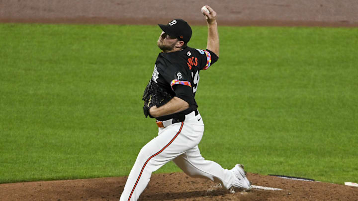 Sep 20, 2024; Baltimore, Maryland, USA;  Baltimore Orioles pitcher Corbin Burnes (39) throws a third inning pitch against the Detroit Tigers at Oriole Park at Camden Yards.