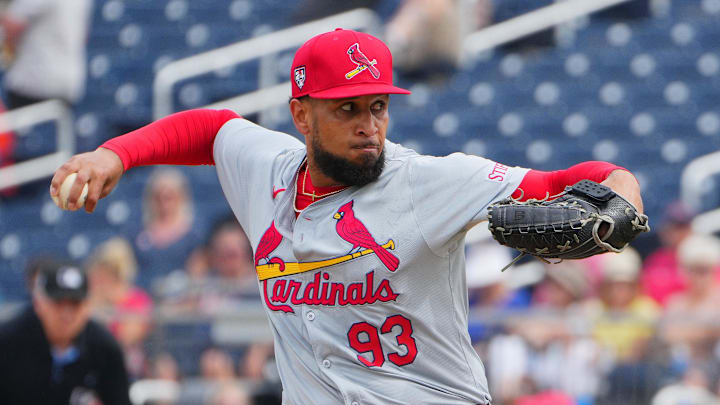 Mar 2, 2024; West Palm Beach, Florida, USA; St. Louis Cardinals relief pitcher Keynan Middleton (93) pitches in the fourth inning against the Houston Astros at The Ballpark of the Palm Beaches. Mandatory Credit: Jim Rassol-Imagn Images