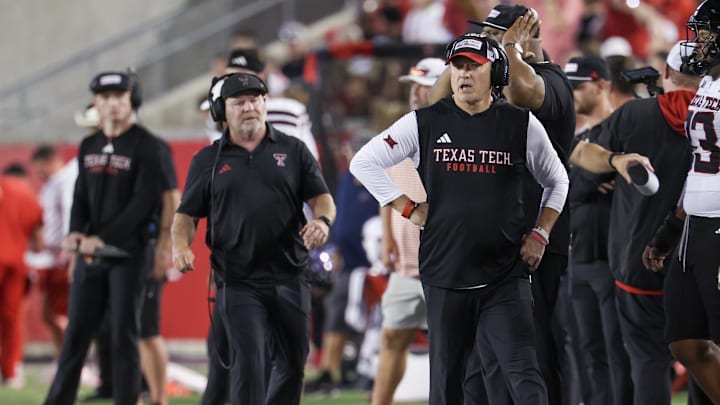 Oct 4, 2025; Houston, Texas, USA; Texas Tech Raiders head coach Joey McGuire walks the sidelines while coaching against the Houston Cougars in the first half at TDECU Stadium. Mandatory Credit: Thomas Shea-Imagn Images