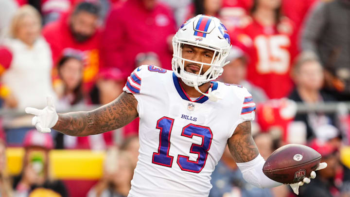 Oct 16, 2022; Kansas City, Missouri, USA; Buffalo Bills wide receiver Gabe Davis (13) celebrates