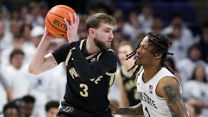Penn State's Ace Baldwin Jr. defends Purdue Boilermakers guard Braden Davis  during a Big Ten basketball game at Bryce Jordan Center.
