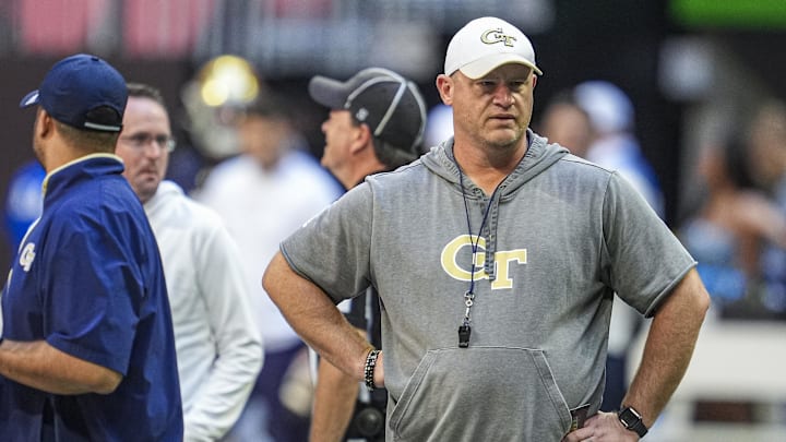 Oct 19, 2024; Atlanta, Georgia, USA; Georgia Tech Yellow Jackets head coach Brent Key on the field before the game against the Notre Dame Fighting Irish at Mercedes-Benz Stadium. Mandatory Credit: Dale Zanine-Imagn Images