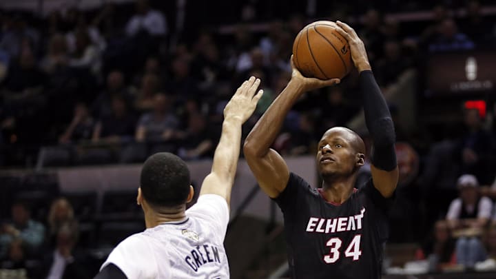 Mar 6, 2014; San Antonio, TX, USA; Miami Heat guard Ray Allen (34) shoots the ball over San Antonio Spurs guard Danny Green (4) during the first half at AT&T Center. Mandatory Credit: Soobum Im-Imagn Images Mar 6, 2014; San Antonio, TX, USA; Miami Heat guard Ray Allen (34) shoots the ball over San Antonio Spurs guard Danny Green (4) during the first half at AT&T Center. Mandatory Credit: Soobum Im-Imagn Images