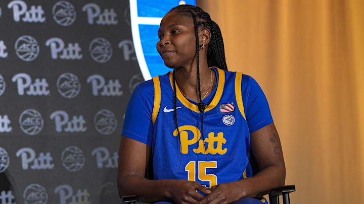 Oct 9, 2024; Charlotte, NC, USA; Pittsburgh player Khadija Faye during ACC Media Days at The Hilton Charlotte Uptown. Mandatory Credit: Jim Dedmon-Imagn Images