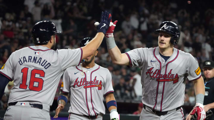 Jul 8, 2024; Phoenix, Arizona, USA; Atlanta Braves catcher Sean Murphy (12) celebrates with catcher Travis d'Arnaud (16) after hitting a two run home run against the Arizona Diamondbacks in the ninth inning at Chase Field. Mandatory Credit: Rick Scuteri-USA TODAY Sports Jul 8, 2024; Phoenix, Arizona, USA; Atlanta Braves catcher Sean Murphy (12) celebrates with catcher Travis d'Arnaud (16) after hitting a two run home run against the Arizona Diamondbacks in the ninth inning at Chase Field. Mandatory Credit: Rick Scuteri-USA TODAY Sports