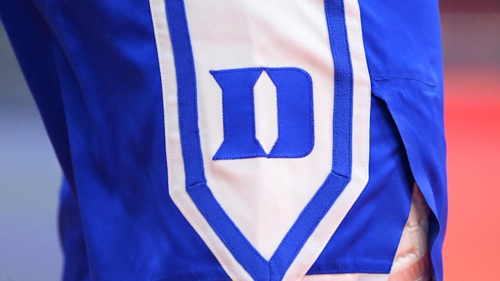 Feb 5, 2025; Syracuse, New York, USA; Detailed view of the Duke Blue Devils logo on a uniform prior to the game against the Syracuse Orange at the JMA Wireless Dome. Mandatory Credit: Rich Barnes-Imagn Images