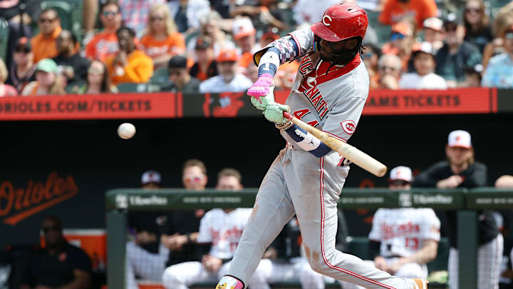 Apr 20, 2025; Baltimore, Maryland, USA; Cincinnati Reds shortstop Elly De La Cruz (44) hits a home run during the third inning against the Baltimore Orioles at Oriole Park at Camden Yards. Mandatory Credit: Daniel Kucin Jr.-Imagn Images Apr 20, 2025; Baltimore, Maryland, USA; Cincinnati Reds shortstop Elly De La Cruz (44) hits a home run during the third inning against the Baltimore Orioles at Oriole Park at Camden Yards. Mandatory Credit: Daniel Kucin Jr.-Imagn Images