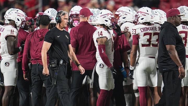 Florida State Seminoles head coach Mike Norvell saw his team fall apart in the second half against Louisville after the ‘Noles were up 14-0 to lose 44-20 in ACC college football at L&N Stadium in Louisville, Kentucky. Oct. 9, 2026.