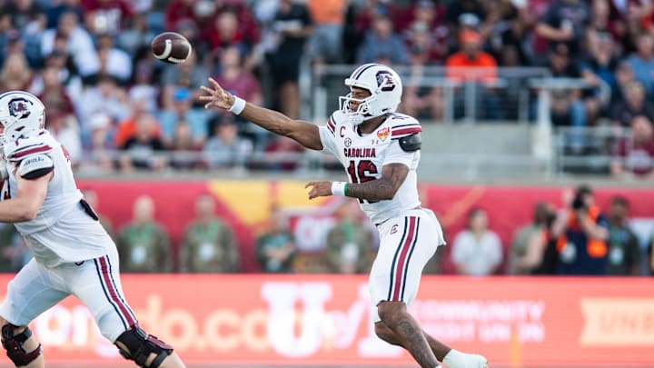 Dec 31, 2024; Orlando, FL, USA; South Carolina Gamecocks quarterback LaNorris Sellers (16) throws the ball against the Illinois Fighting Illini in the third quarter at Camping World Stadium. Mandatory Credit: Jeremy Reper-Imagn Images