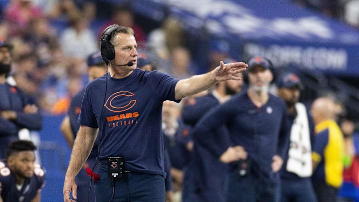 Aug 19, 2023; Indianapolis, Indiana, USA; Chicago Bears head coach Matt Eberflus in the second half