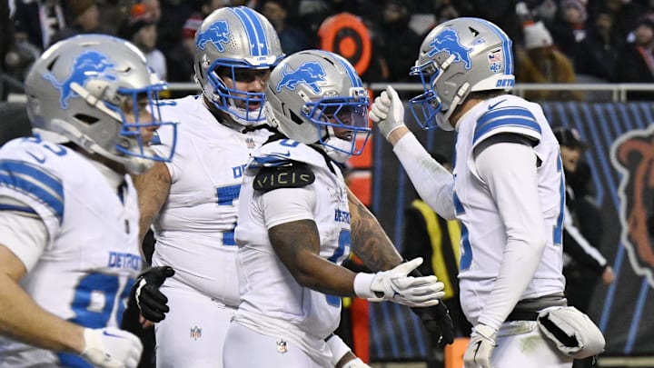 Detroit Lions running back Jahmyr Gibbs (0).