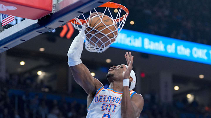 Oklahoma City guard Shai Gilgeous-Alexander (2) dunks the ball in the first quarter during an NBA game between Oklahoma City and Milwaukee at the Paycom Center in Oklahoma City on Monday, Feb. 3, 2025.