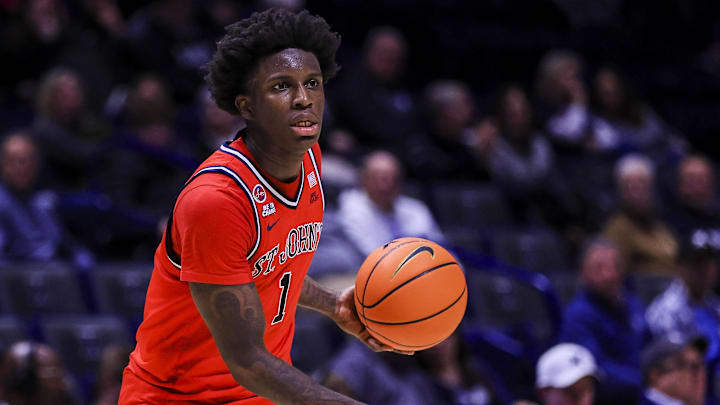 Jan 7, 2025; Cincinnati, Ohio, USA; St. John's basketball guard Kadary Richmond (1) dribbles against the Xavier Musketeers in the second half at Cintas Center. 