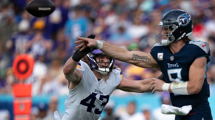 Minnesota Vikings linebacker Andrew Van Ginkel (43) pressures Tennessee Titans quarterback Will Levis (8) on a throw in the second half at Nissan Stadium in Nashville, Tenn., Sunday, Nov. 17, 2024.