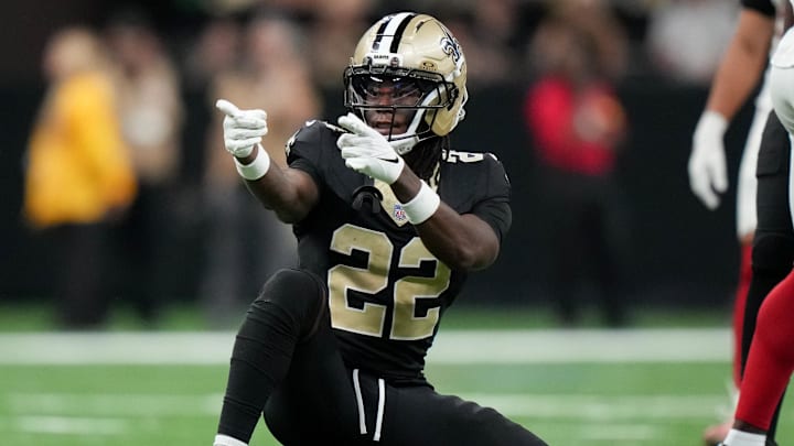 Oct 5, 2025; New Orleans, Louisiana, USA; New Orleans Saints wide receiver Rashid Shaheed (22) celebrates after a play against the New York Giants during the fourth quarter at Caesars Superdome. Mandatory Credit: Matthew Hinton-Imagn Images