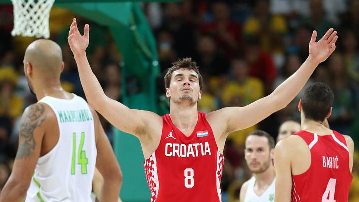 Aug 11, 2016; Rio de Janeiro, Brazil; Croatia shooting guard Mario Hezonja (8) reacts during the men's preliminary round against Brazil in the Rio 2016 Summer Olympic Games at Carioca Arena 1. Mandatory Credit: Jeff Swinger-USA TODAY Sports
