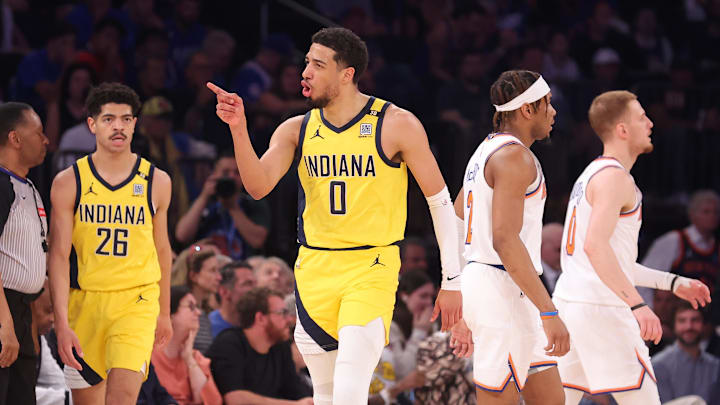 May 19, 2024; New York, New York, USA; Indiana Pacers guard Tyrese Haliburton (0) reacts during the