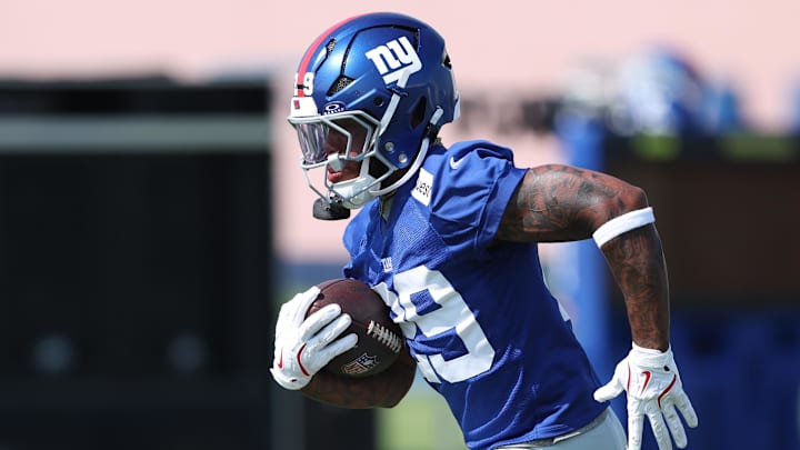 Jul 24, 2025; East Rutherford, NJ, USA; New York Giants running back Tyrone Tracy Jr. (29) carries the ball during training camp at Quest Diagnostics Training Center. Mandatory Credit: Vincent Carchietta-Imagn Images