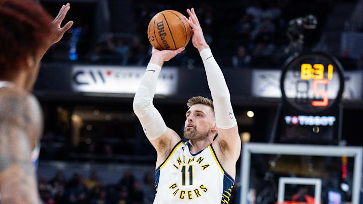 Former Wisconsin Badgers forward Micah Potter (11) scored a career high for the Indiana Pacers against the Philadelphia 76ers