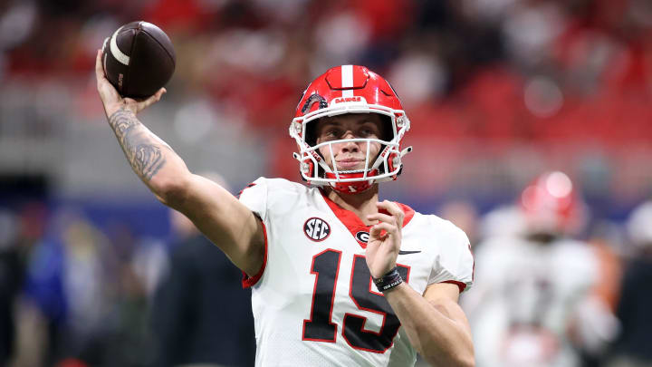 Dec 2, 2023; Atlanta, GA, USA; Georgia Bulldogs quarterback Carson Beck (15) practices before the SEC Football Championship against the Alabama Crimson Tide at Mercedes-Benz Stadium. Mandatory Credit: Brett Davis-USA TODAY Sports