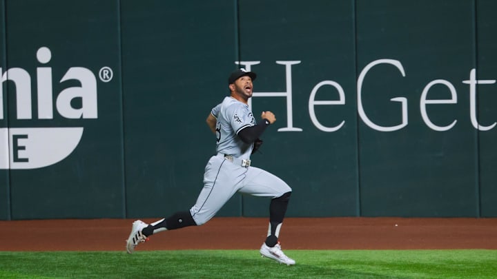 Chicago White Sox right fielder Tommy Pham (28) cannot catch a double hit by Texas Rangers shortstop Corey Seager (not pictured) during the fifth inning at Globe Life Field in 2024.