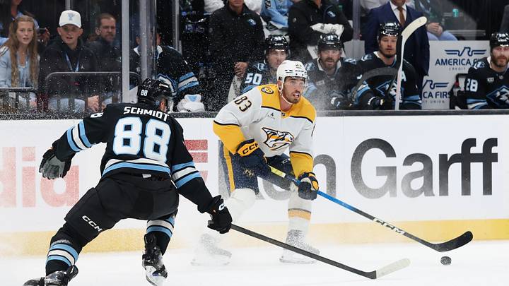 Nashville Predators defenseman Adam Wilsby plays the puck against Utah Mammoth defenseman Nate Schmidt during the first period at Delta Center. Mandatory Credit: Rob Gray-Imagn Images Nashville Predators defenseman Adam Wilsby plays the puck against Utah Mammoth defenseman Nate Schmidt during the first period at Delta Center. Mandatory Credit: Rob Gray-Imagn Images