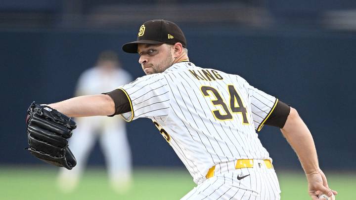 Aug 25, 2026; San Diego, California, USA;  San Diego Padres pitcher Michael King (34) delivers during the first inning against the Pittsburgh Pirates at Petco Park.  Mandatory Credit: Denis Poroy-Imagn Images