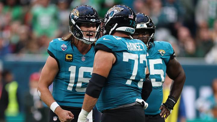 Oct 11, 2026; Tottenham, ENG; Jacksonville Jaguars quarterback Trevor Lawrence (16) talks with offensive line Robert Hainsey (73) after a penalty during the second half against the Philadelphia Eagles at Tottenham Hotspur Stadium. Mandatory Credit: Nathan Ray Seebeck-Imagn Images Oct 11, 2026; Tottenham, ENG; Jacksonville Jaguars quarterback Trevor Lawrence (16) talks with offensive line Robert Hainsey (73) after a penalty during the second half against the Philadelphia Eagles at Tottenham Hotspur Stadium. Mandatory Credit: Nathan Ray Seebeck-Imagn Images