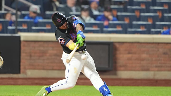 Apr 10, 2026; New York City, New York, USA; New York Mets catcher Francisco Alvarez (4) hits a single against the Athletics during the fifth inning at Citi Field. Mandatory Credit: Gregory Fisher-Imagn Images Apr 10, 2026; New York City, New York, USA; New York Mets catcher Francisco Alvarez (4) hits a single against the Athletics during the fifth inning at Citi Field. Mandatory Credit: Gregory Fisher-Imagn Images