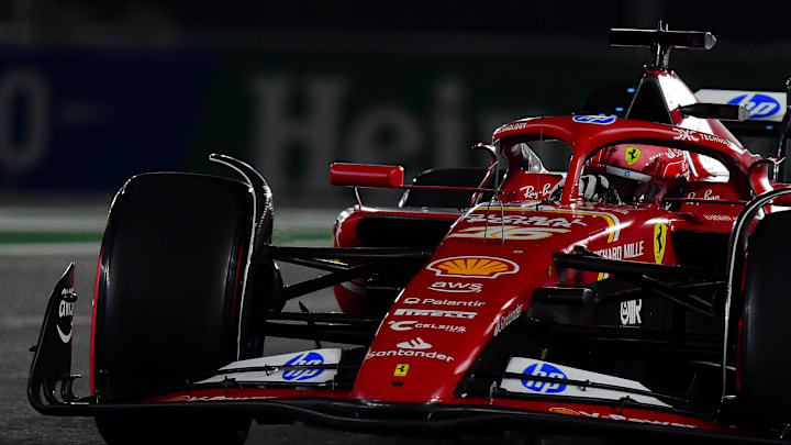 Nov 22, 2024; Las Vegas, Nevada, USA; Scuderia Ferrari driver Charles Leclerc (16) during qualifying at Las Vegas Circuit. Mandatory Credit: Gary A. Vasquez-Imagn Images