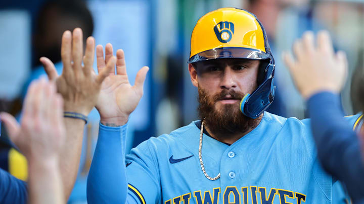 Apr 18, 2026; Miami, Florida, USA; Milwaukee Brewers shortstop Joey Ortiz (3) celebrates after scoring against the Miami Marlins during the sixth inning at loanDepot Park. Mandatory Credit: Sam Navarro-Imagn Images