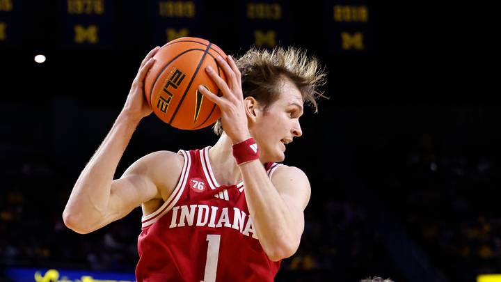 Jan 20, 2026; Ann Arbor, Michigan, USA; Indiana Hoosiers forward Reed Bailey (1) grabs the rebound in the first half against the Michigan Wolverines at Crisler Center. Jan 20, 2026; Ann Arbor, Michigan, USA; Indiana Hoosiers forward Reed Bailey (1) grabs the rebound in the first half against the Michigan Wolverines at Crisler Center.