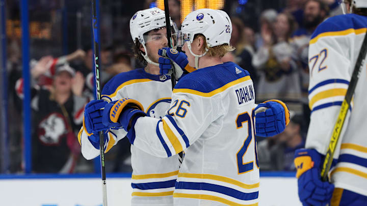Feb 29, 2024; Tampa, Florida, USA;  Buffalo Sabres defenseman Rasmus Dahlin (26) is congratulated