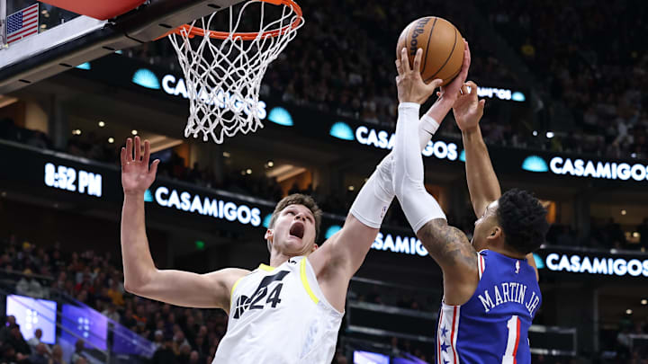 Feb 1, 2024; Salt Lake City, Utah, USA; Utah Jazz center Walker Kessler (24) and Philadelphia 76ers