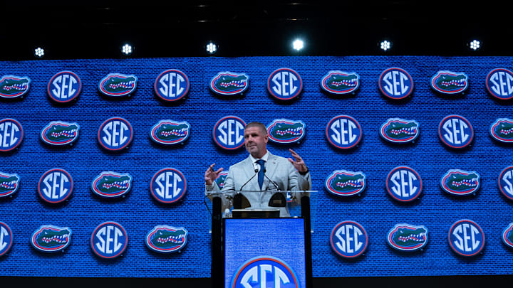 Florida Head Coach Billy Napier speaks at the 2023 SEC Football Kickoff Media Days at the Nashville Grand Hyatt on Broadway, Wednesday, July 19, 2023.