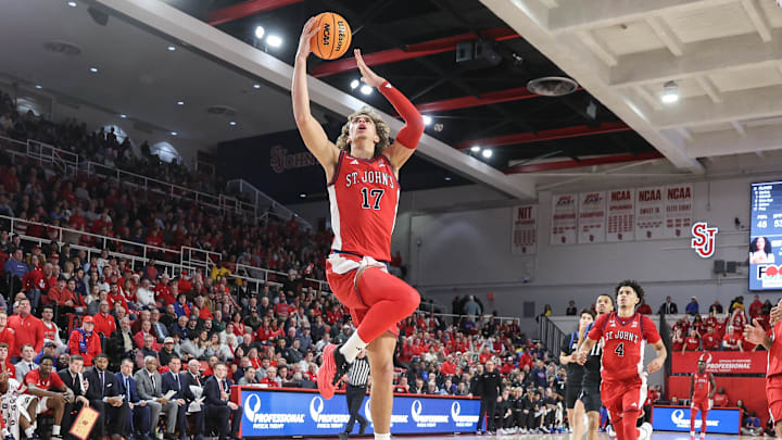 Dec 16, 2025; Queens, New York, USA; St. John's basketball forward Rubén Prey (17) drives to the basket in the second half against the DePaul Blue Demons at Carnesecca Arena.