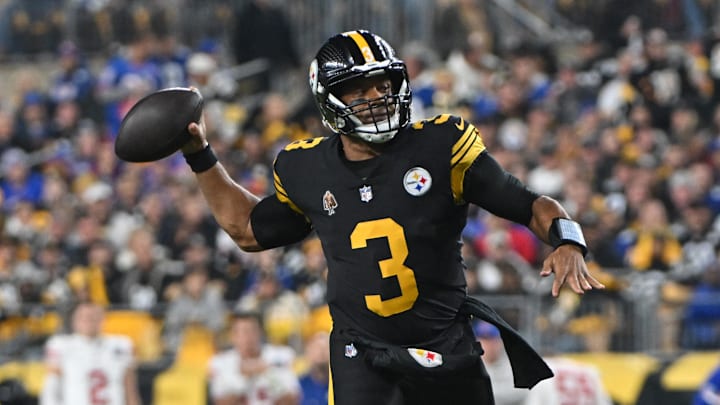 Oct 28, 2024; Pittsburgh, Pennsylvania, USA; Pittsburgh Steelers quarterback Russell Wilson (3) throws a pass against the New York Giants during the first quarter at Acrisure Stadium. Mandatory Credit: Barry Reeger-Imagn Images Oct 28, 2024; Pittsburgh, Pennsylvania, USA; Pittsburgh Steelers quarterback Russell Wilson (3) throws a pass against the New York Giants during the first quarter at Acrisure Stadium. Mandatory Credit: Barry Reeger-Imagn Images