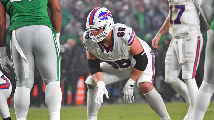 Nov 26, 2023; Philadelphia, Pennsylvania, USA; Buffalo Bills guard Connor McGovern (66) against the Philadelphia Eagles at Lincoln Financial Field. Mandatory Credit: Eric Hartline-USA TODAY Sports