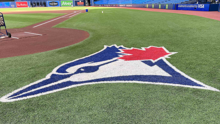 Aug 14, 2022; Toronto, Ontario, CAN; The Toronto Blue Jays logo during batting practice against the Cleveland Guardians at Rogers Centre. Mandatory Credit: Nick Turchiaro-USA TODAY Sports