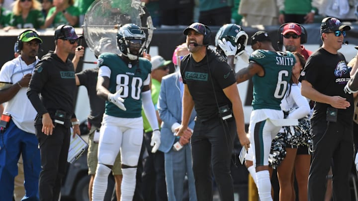 Oct 13, 2024; Philadelphia, Pennsylvania, USA; Philadelphia Eagles head coach Nick Sirianni on the sidelines against the Cleveland Browns at Lincoln Financial Field. Mandatory Credit: Eric Hartline-Imagn Images