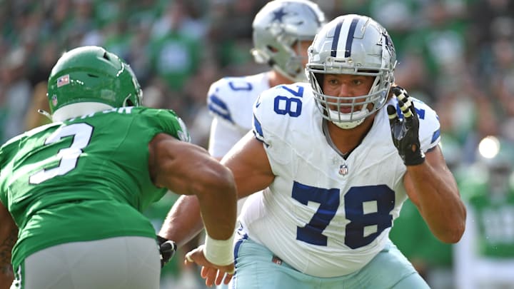 Dallas Cowboys offensive tackle Terence Steele blocks Philadelphia Eagles linebacker Nolan Smith Jr. Dallas Cowboys offensive tackle Terence Steele blocks Philadelphia Eagles linebacker Nolan Smith Jr.