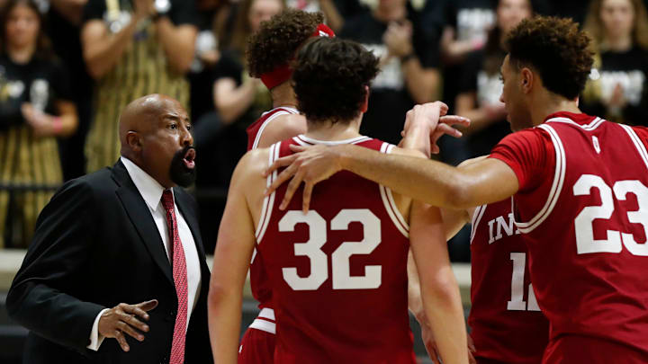 Indiana coach Mike Woodson talks to his players during a timeout at Purdue on Saturday, Feb. 25, 2023, at Mackey Arena. 