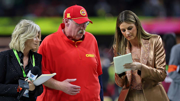 Feb 9, 2025; New Orleans, LA, USA; TV personality Erin Andrews interviews Kansas City Chiefs head coach Andy Reid at the end of the first half of Super Bowl LIX at Caesars Superdome. Mandatory Credit: Geoff Burke-Imagn Images