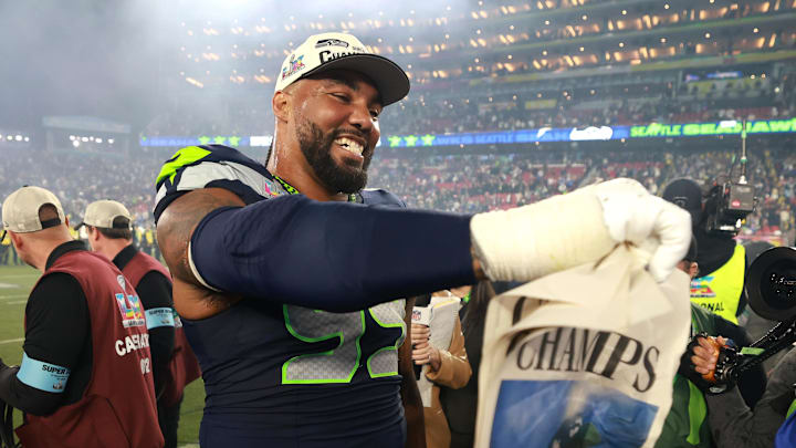 Feb 8, 2026; Santa Clara, CA, USA; Seattle Seahawks defensive end Leonard Williams (99) celebrates after defeating the New England Patriots in Super Bowl LX at Levi's Stadium. Feb 8, 2026; Santa Clara, CA, USA; Seattle Seahawks defensive end Leonard Williams (99) celebrates after defeating the New England Patriots in Super Bowl LX at Levi's Stadium.