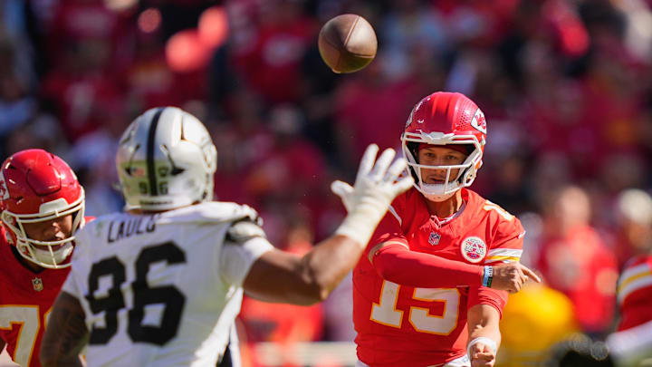 Oct 19, 2025; Kansas City, Missouri, USA; Kansas City Chiefs quarterback Patrick Mahomes (15) passes the ball against the Las Vegas Raiders during the second quarter of the game at GEHA Field at Arrowhead Stadium. Mandatory Credit: Jay Biggerstaff-Imagn Images Oct 19, 2025; Kansas City, Missouri, USA; Kansas City Chiefs quarterback Patrick Mahomes (15) passes the ball against the Las Vegas Raiders during the second quarter of the game at GEHA Field at Arrowhead Stadium. Mandatory Credit: Jay Biggerstaff-Imagn Images