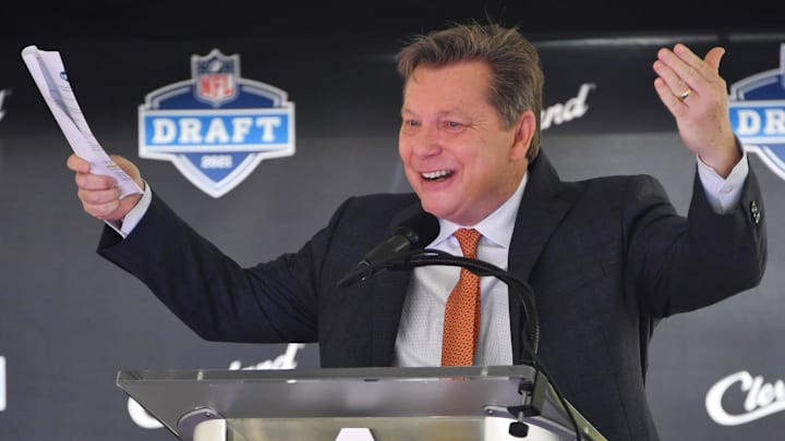 May 23, 2019; Cleveland, OH, USA; Voice of the Cleveland Browns Jim Donovan speaks during a press conference in Public Square to announce Cleveland as the host of the 2021 NFL draft. Mandatory Credit: Ken Blaze-Imagn Images