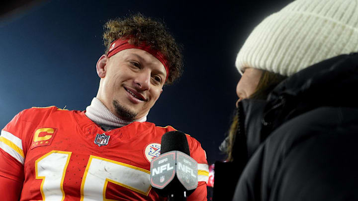 Jan 18, 2025; Kansas City, Missouri, USA; Kansas City Chiefs quarterback Patrick Mahomes (15) is interviewed after defeating the Houston Texans in a 2025 AFC divisional round game at GEHA Field at Arrowhead Stadium. Mandatory Credit: Jay Biggerstaff-Imagn Images