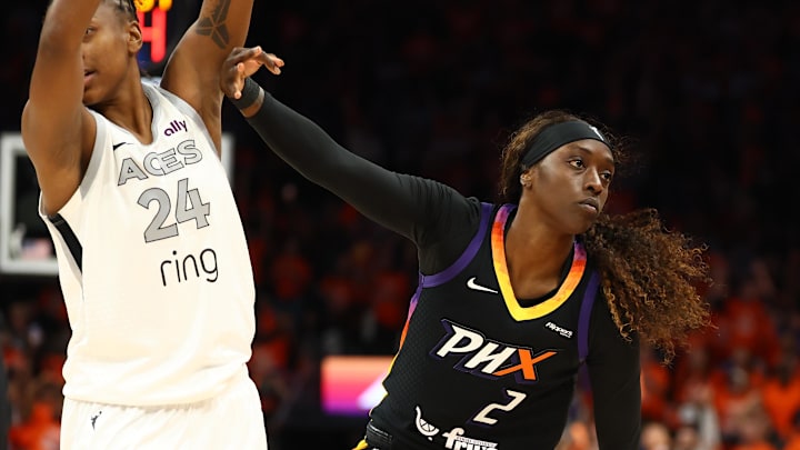 Oct 8, 2025; Phoenix, Arizona, USA; Phoenix Mercury guard Kahleah Copper (2) reacts after a basket against Las Vegas Aces guard Jewell Loyd (24) in the second half during game three of the 2025 WNBA Finals at PHX Arena. Mandatory Credit: Mark J. Rebilas-Imagn Images